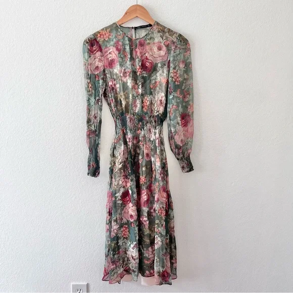 Zara Rare Viral Floral Sheer Midi Dress Sz M - Picture 6 of 11